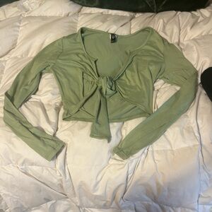 Mint green soft front tie long sleeve crop top